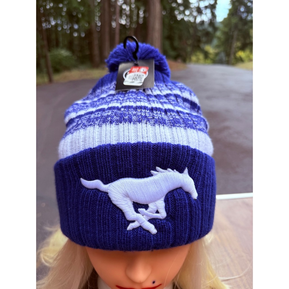 SMU Mustangs '47 Brand Blue White Striped Pom Cuffed Knit Beanie Hat NWT
